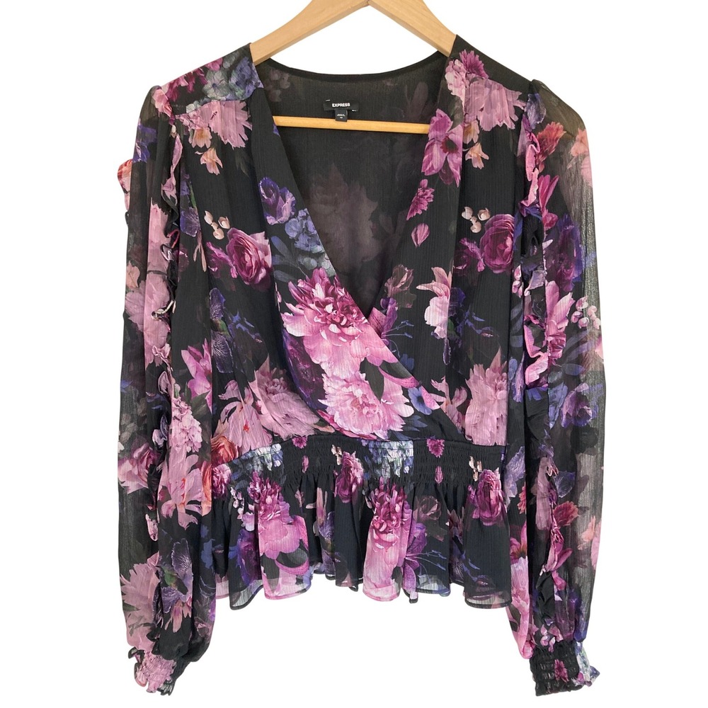 Express Conscious Edit Floral Smocked Peplum Wrap Top‎ Purple Black Medium